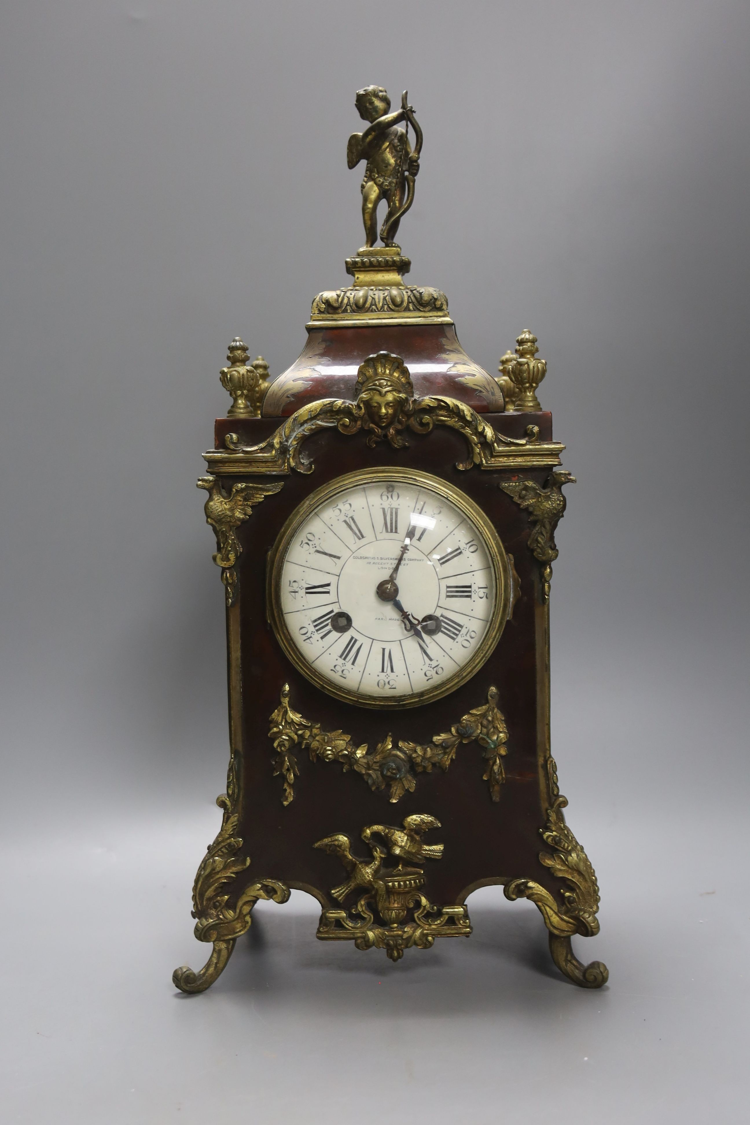 A 19th century French ormolu mounted boulle mantel clock, with key and pendulum, height 40cm